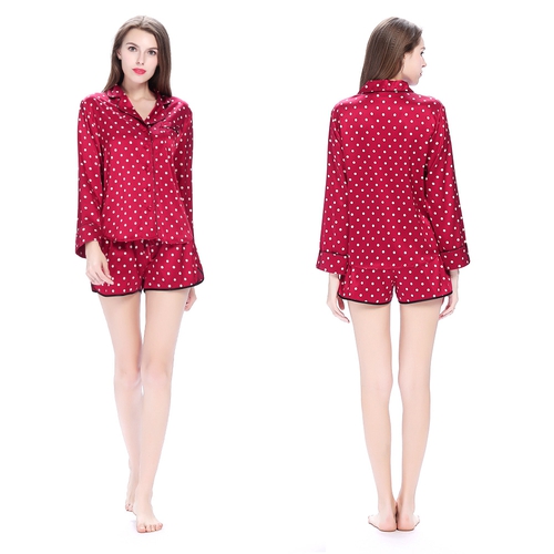 19 Momme Claret Silk Pajamas Set With Cute Dots (model:2186)