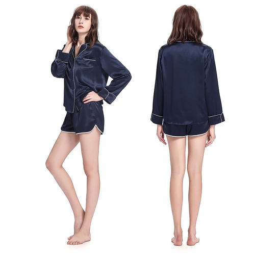 22 Momme Elegant Short Silk Pajamas Set With Trimming (model:2198)