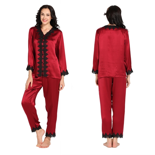 22 Momme Lacey Contrast Trim Silk Pajama Set (model:2135)