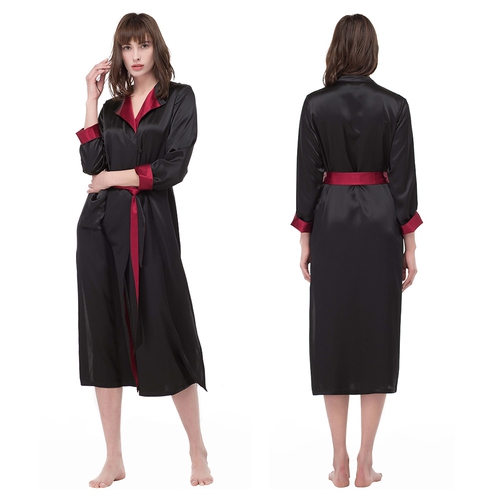 Chic Long Slit Silk Robe With Contrast Color Flanging Collar (model:2206)