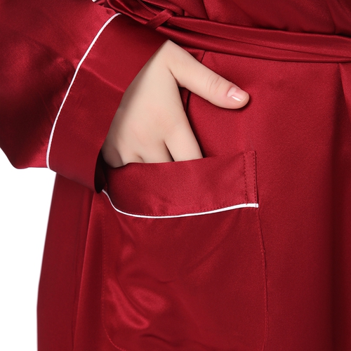 Robe de Chambre Femme Longue Soie 22 Momme Liseré Blanc GT Rouge Vineux