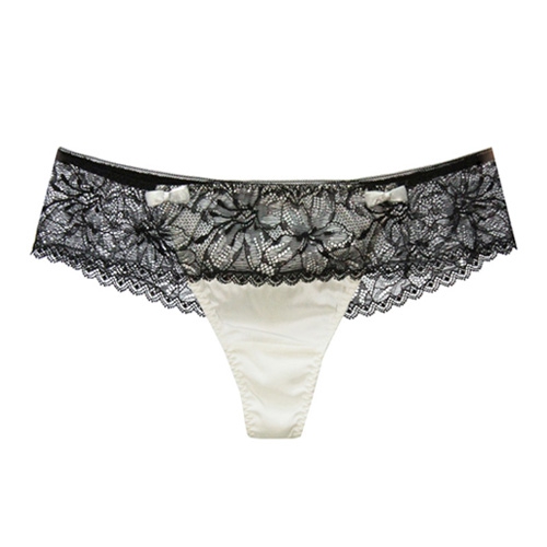 Shorty String en Soie Tulle et Dentelle Jupette Blanc Fleur Noire
