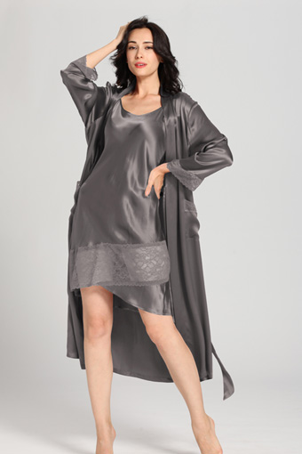 Dark Grey Robe 22 Momme Flowing Lace Silk Nightgown & Robe Set Xl Dark Gray – Bluespan