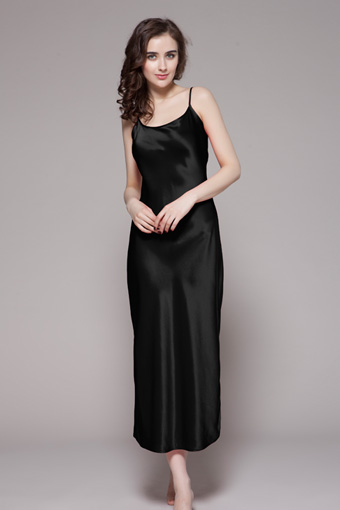 22 Momme Full Length Silk Nightgown M Black | Bluetag