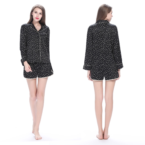 19 Momme Black Short Silk Pajamas Set Twinkle Stars (model:2188)