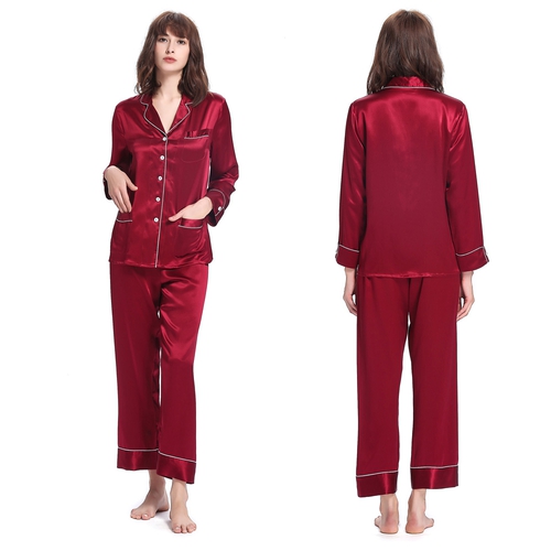 22 Momme Chic Trimmed Long Silk Pajamas Set 3pcs (model:2461)