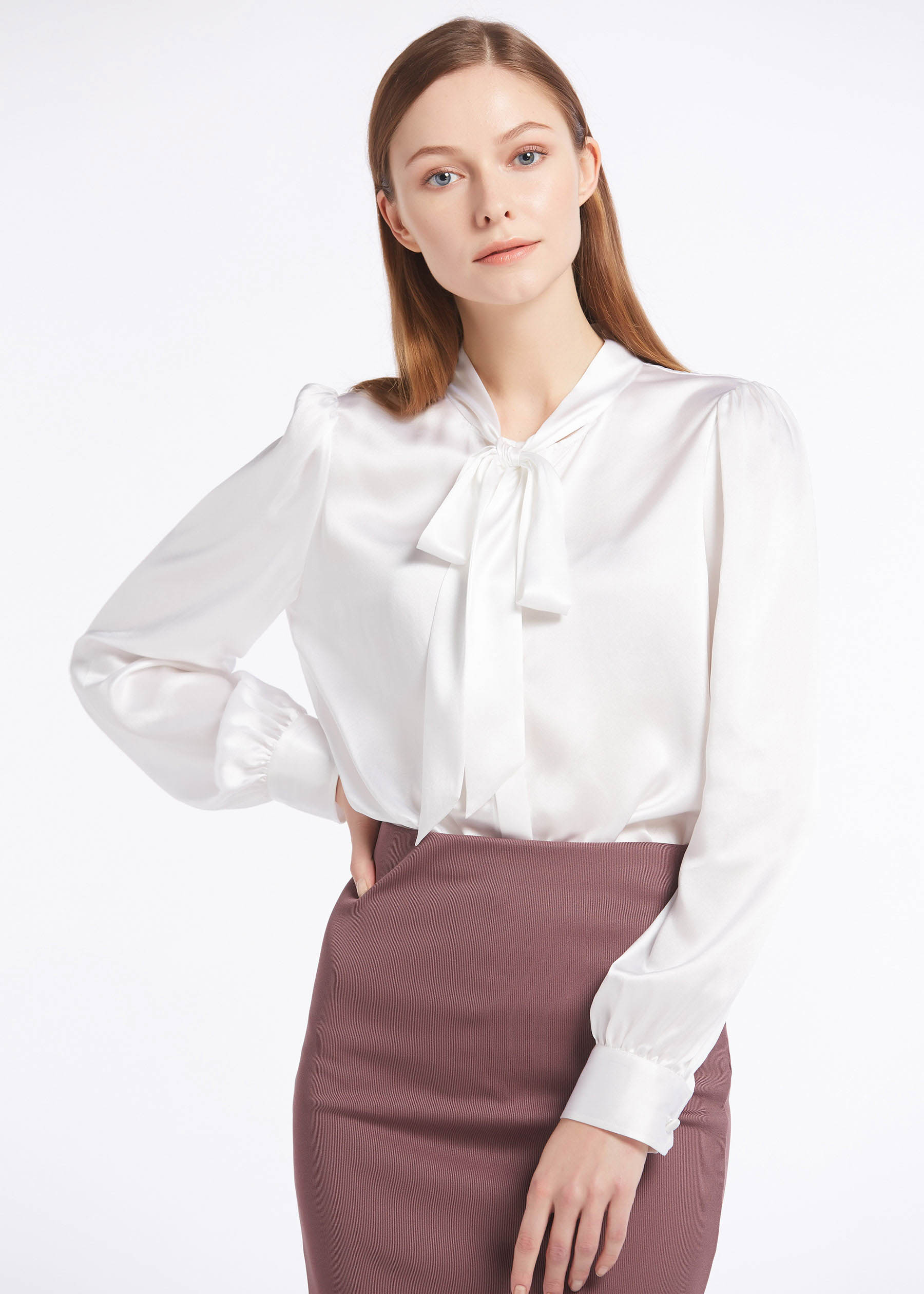 Elegant Tie Collar 22MM Silk Shirts White Hot Pink Lilysilk On Sale