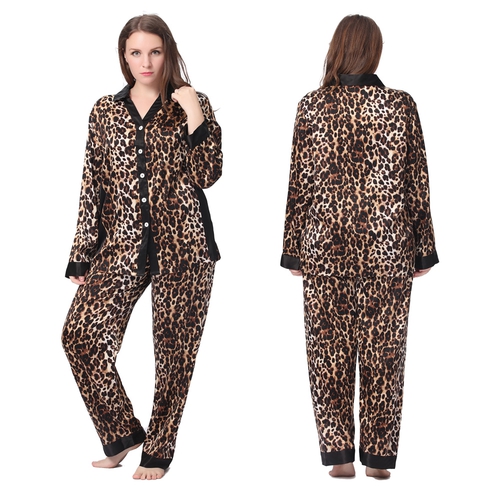 Leopard Silk Pajamas Set with Black Trim Plus Size